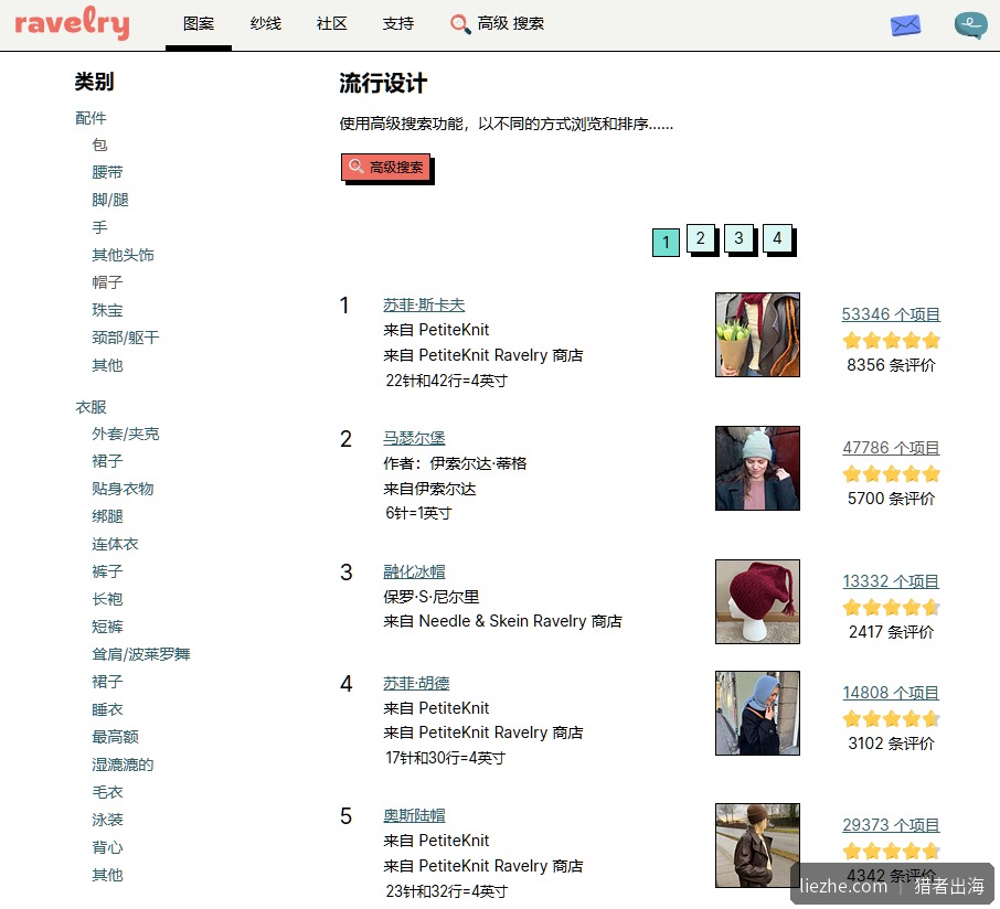 Ravelry流行设计排行榜:带项目数和评价数的图解列表