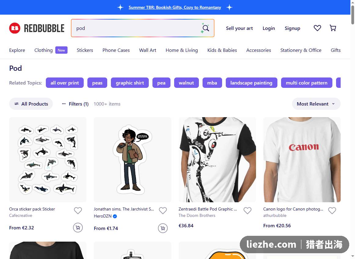 Redbubble平台POD设计搜索结果页面截图