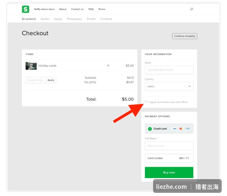 Sellfy买家结账页面：商品、优惠码输入框、信用卡付款
