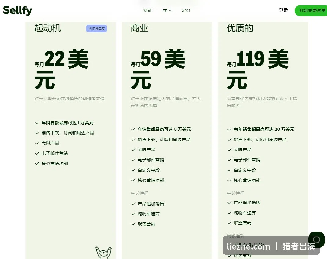 Sellfy套餐价格对比：起动机22美元、商业59美元、优质119美元