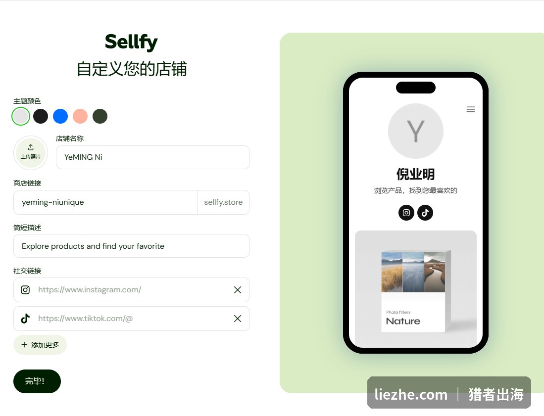 Sellfy自定义店铺界面：设置主题颜色、店铺名称、社交链接