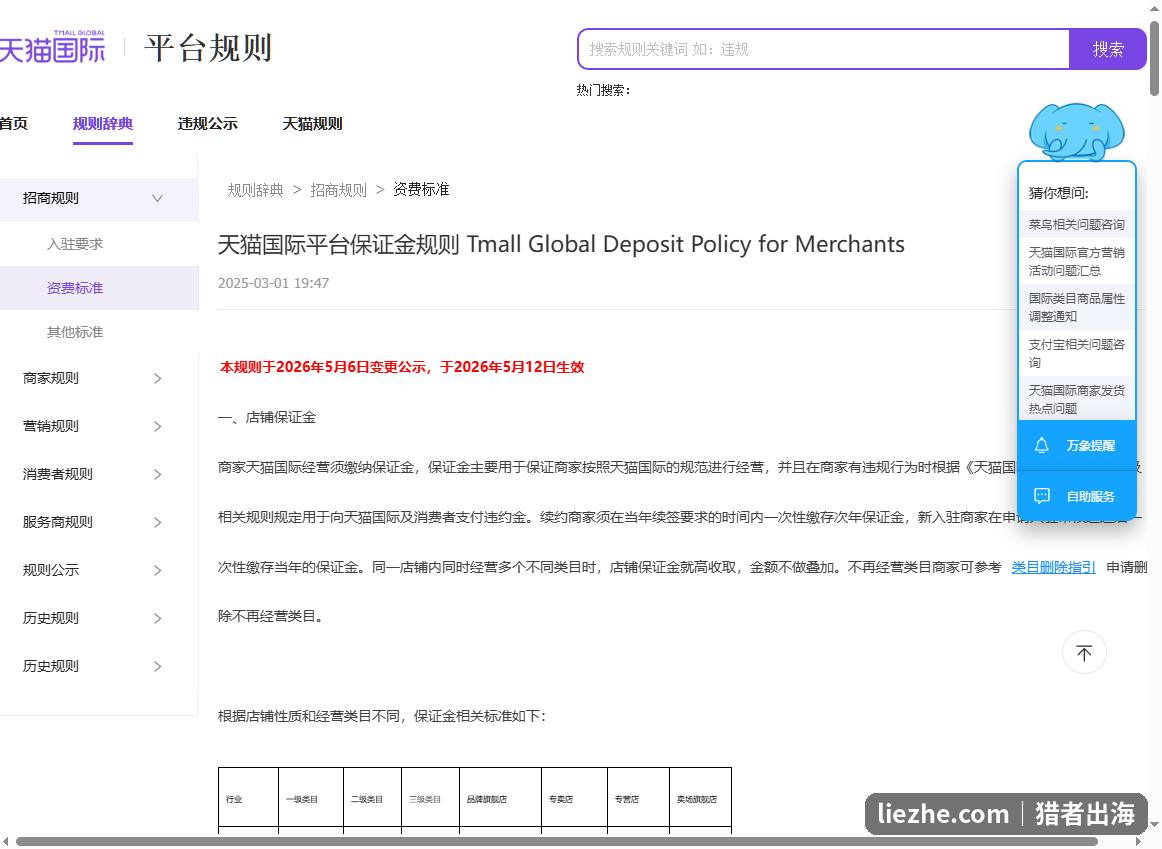 天猫国际平台保证金规则页面,按类目和店铺性质分档收取