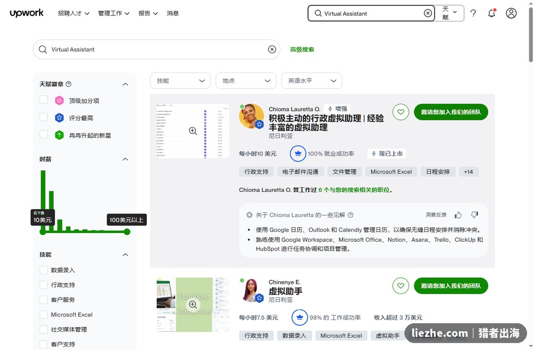 Upwork上虚拟助理的搜索结果和时薪