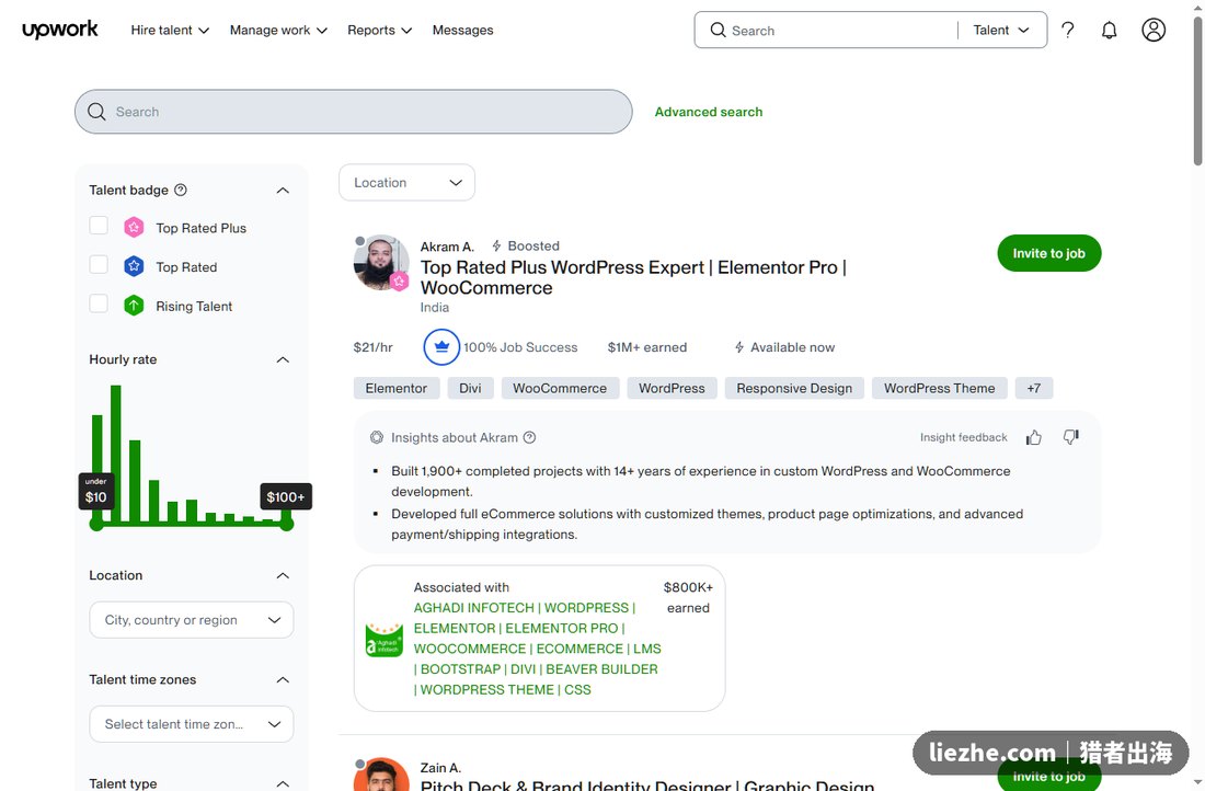 Upwork上WordPress专家的接单档案和时薪分布