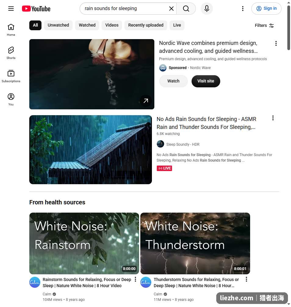 YouTube助眠白噪音Faceless频道搜索结果播放量
