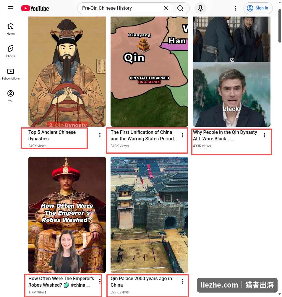 YouTube搜索Pre-Qin Chinese History先秦历史,多个视频几十万上百万播放
