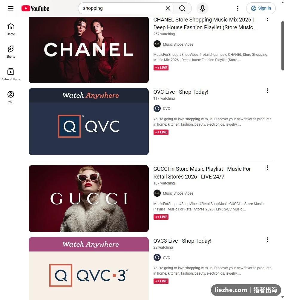 YouTube直播购物与QVC Live搜索结果截图