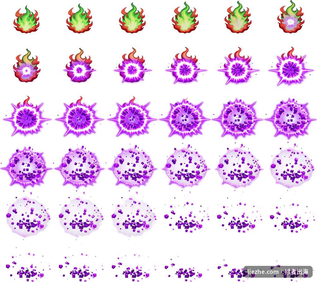 紫色魔法爆炸36帧序列帧图，从火焰起始到爆炸消散完整动画