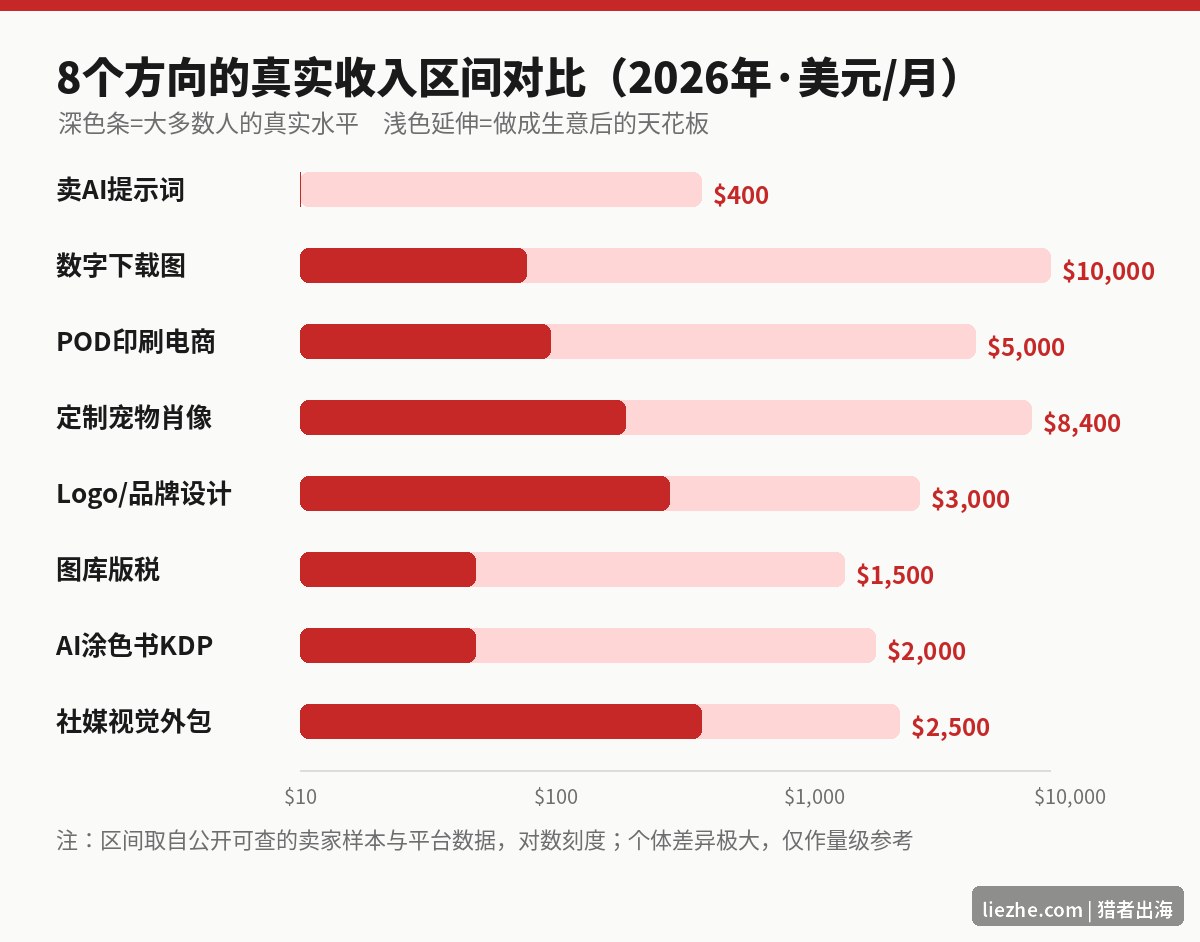 AI绘画8个变现方向的真实收入区间对比图
