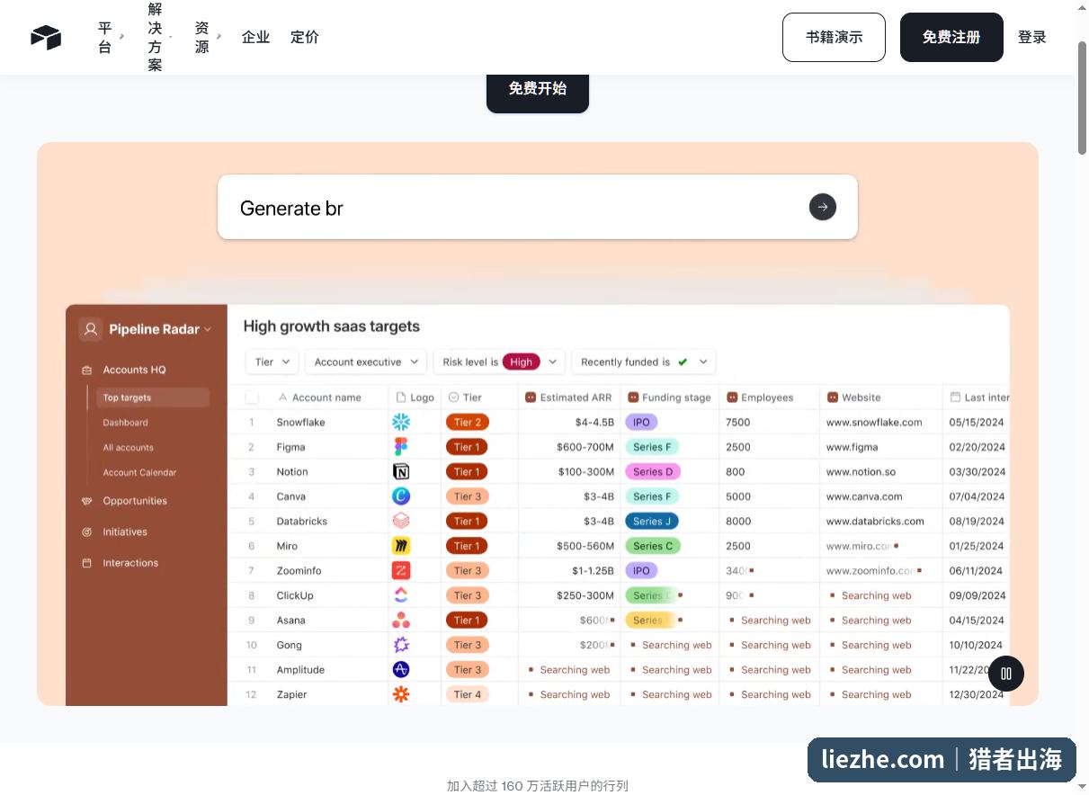 Airtable官网展示的CRM销售管线示例界面