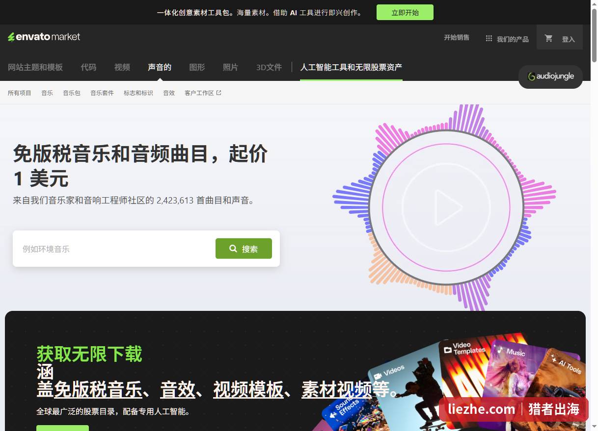 AudioJungle音乐素材平台首页，免版税音乐起价1美元