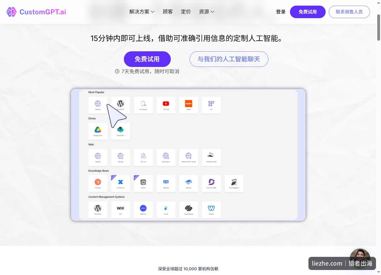 CustomGPT数据源选择界面：网站、文件上传、YouTube、云盘等多种接入方式