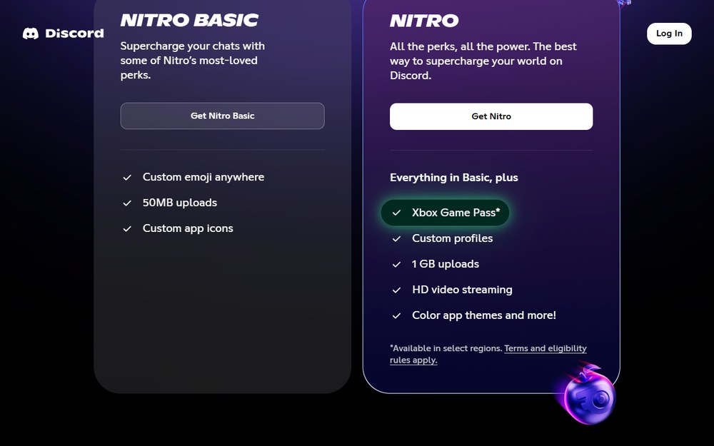 Discord官网Nitro页:Nitro Basic和Nitro两档的功能卡片