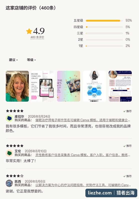 专做催眠治疗师和灵性教练细分市场的Etsy模板店铺,460条评论4.9分的真实买家评价