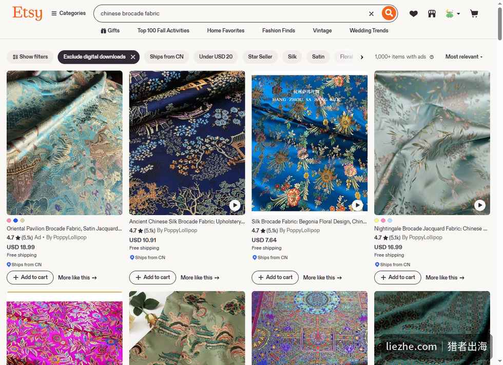 Etsy搜索chinese brocade fabric的结果页，多数店铺从中国发货