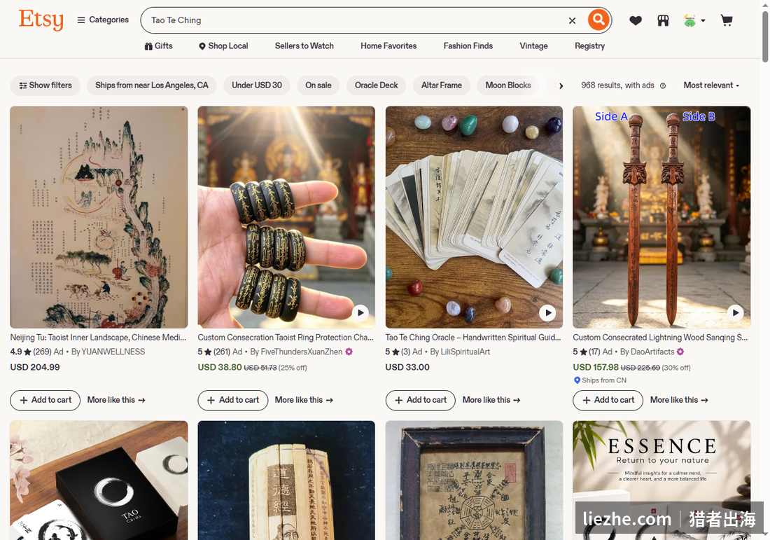 Etsy搜索Tao Te Ching道德经商品九百多条价格三十到两百美元