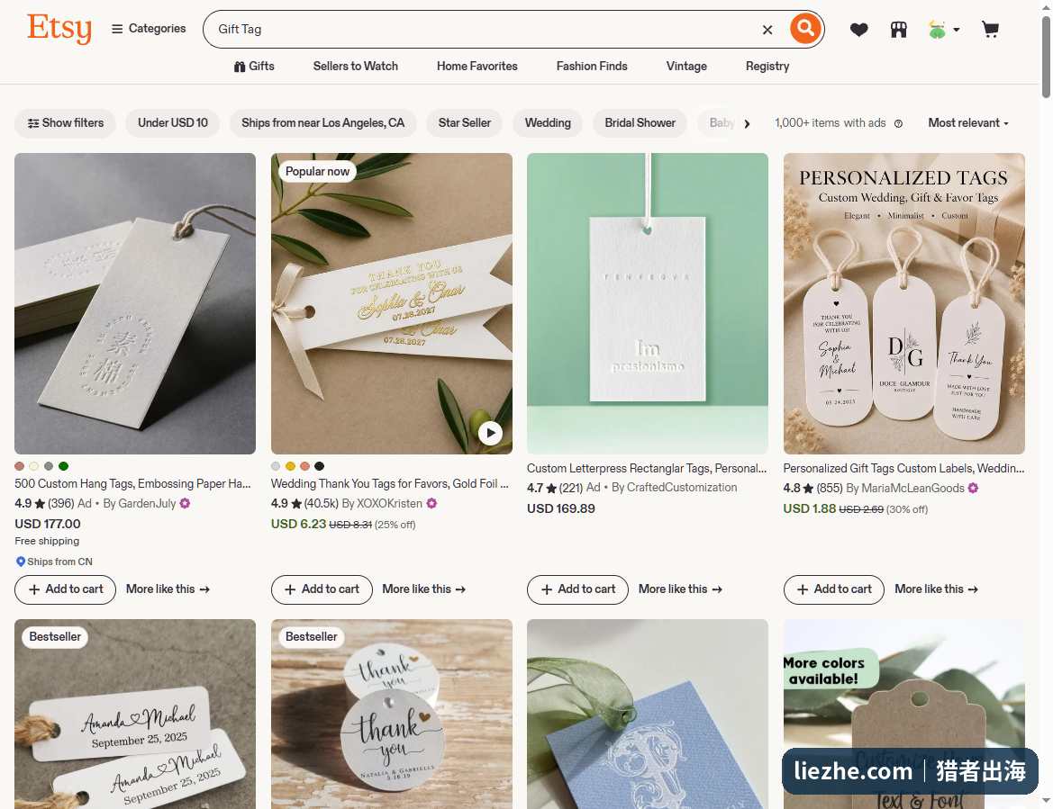 Etsy搜索Gift Tag的结果页,实物礼品标签在售商品和价格