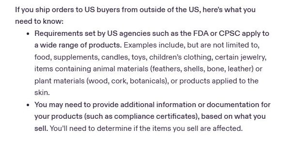 Etsy社区公告列出的受FDA、CPSC要求影响的商品:食品、补充剂、蜡烛、玩具、童装、部分首饰、含动物或植物材料的物品、涂抹在皮肤上的产品,并写明你需要自己判断卖的东西是否受影响