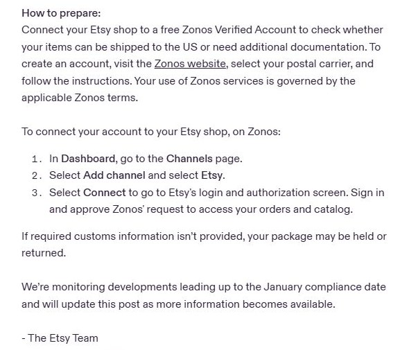 Etsy社区公告How to prepare一节:把Etsy店铺连到免费的Zonos Verified Account,Dashboard进Channels页,Add channel选Etsy,Connect后登录授权;公告写明缺信息包裹可能被扣留或退回,并会随情况更新