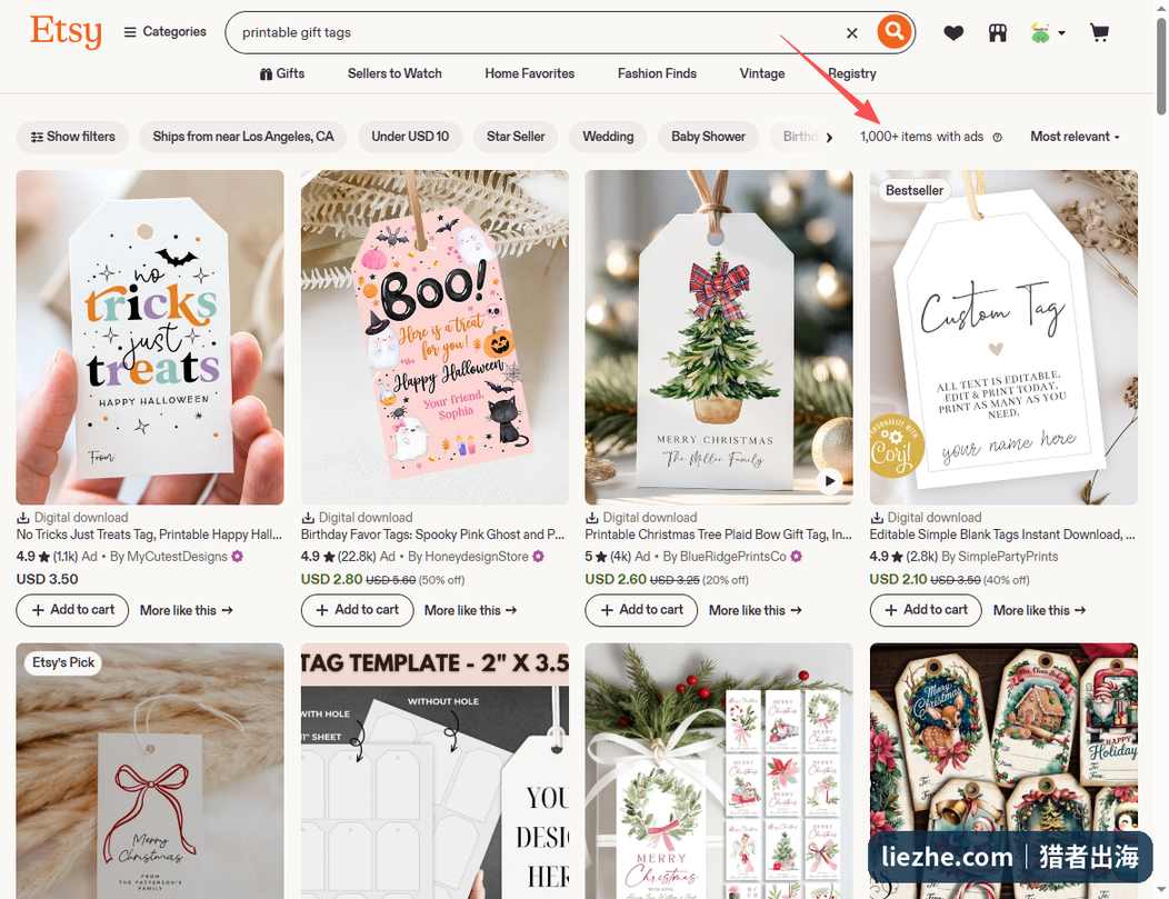 Etsy搜索printable gift tags,全是Digital download数字下载商品