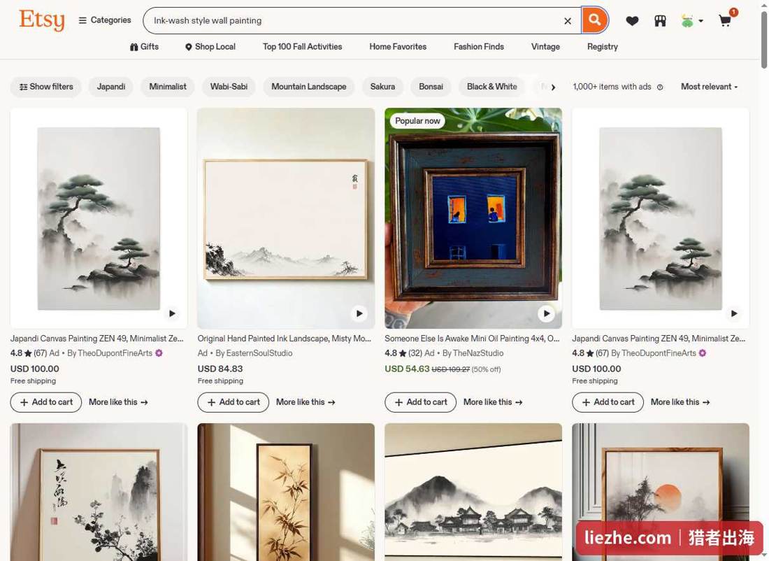 Etsy平台水墨风格装饰画数字下载商品和售价
