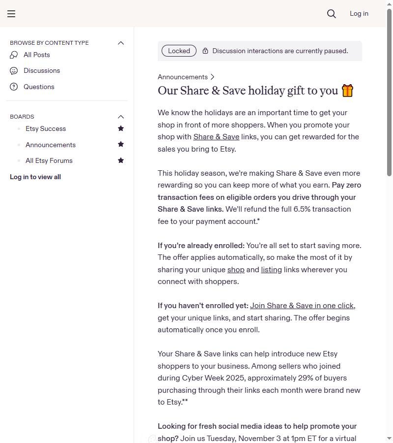 Etsy官方社区公告Our Share & Save holiday gift to you上半页,写Pay zero transaction fees on eligible orders you drive through your Share & Save links,退整笔6.5%交易费