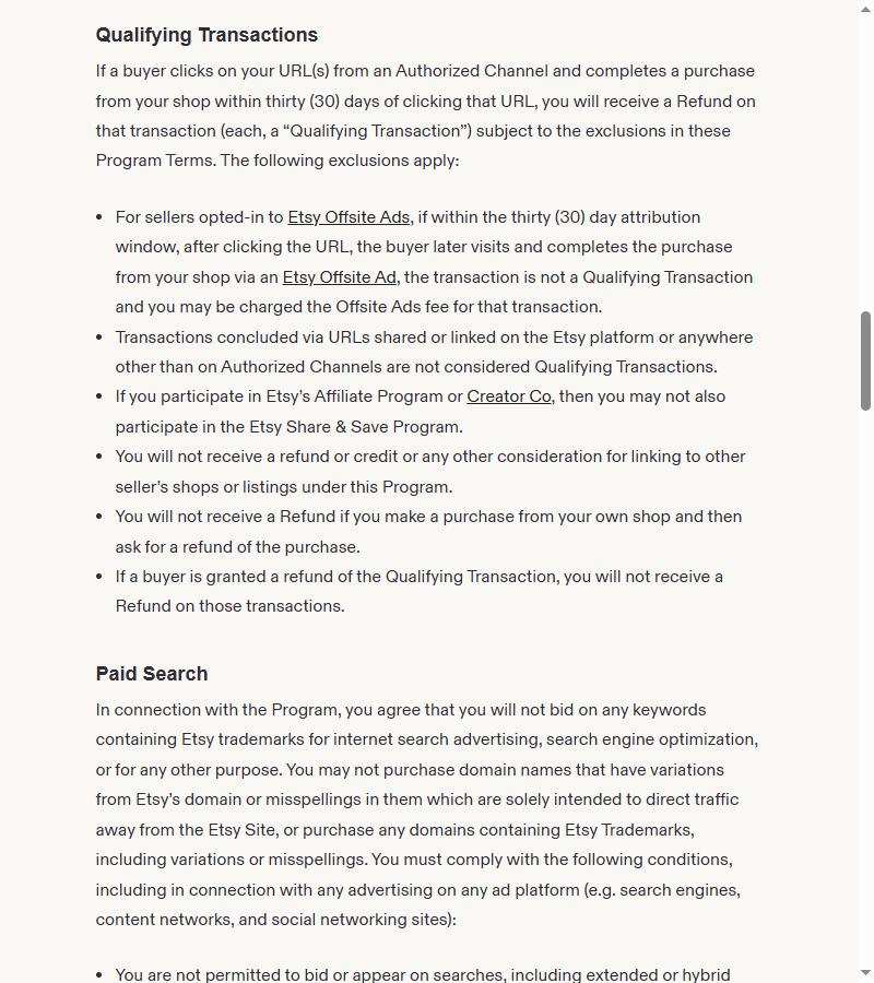 Etsy Share & Save标准条款Qualifying Transactions一节,写30天内下单,并列出不算数的几种情形
