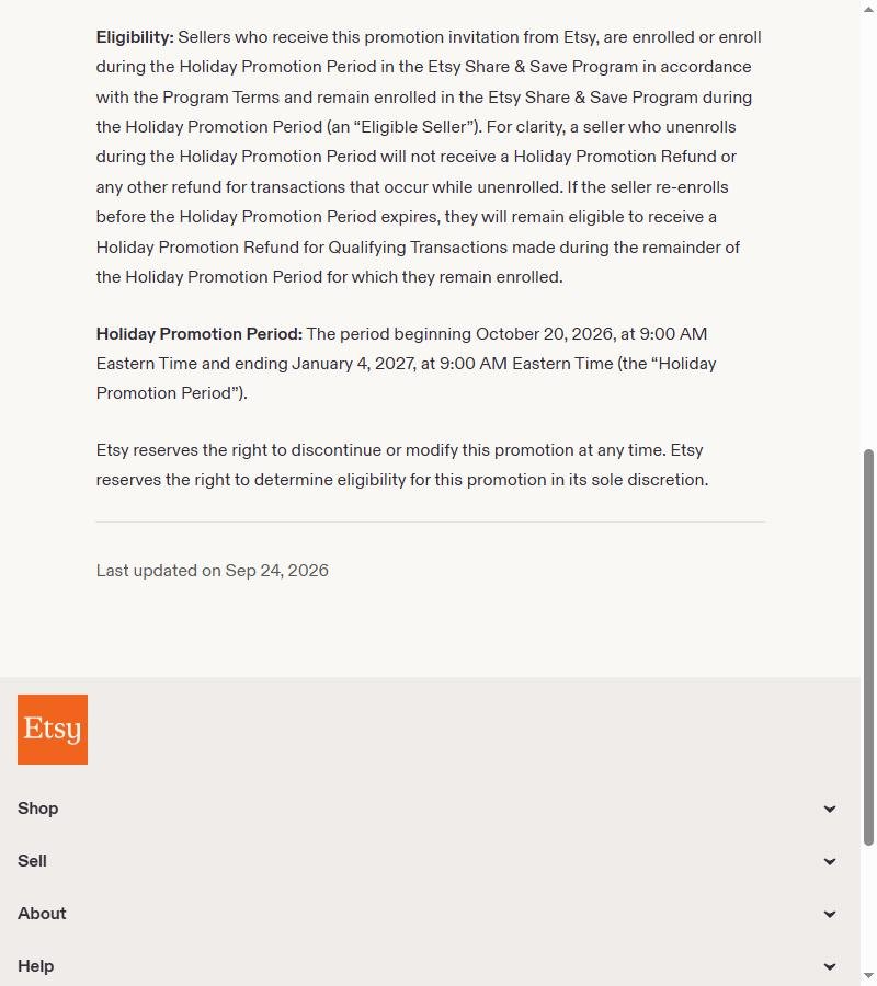 Etsy Share & Save Holiday Promo Terms条款页下半部分,Eligibility一段和Holiday Promotion Period一段,页脚Last updated on Sep 24, 2026