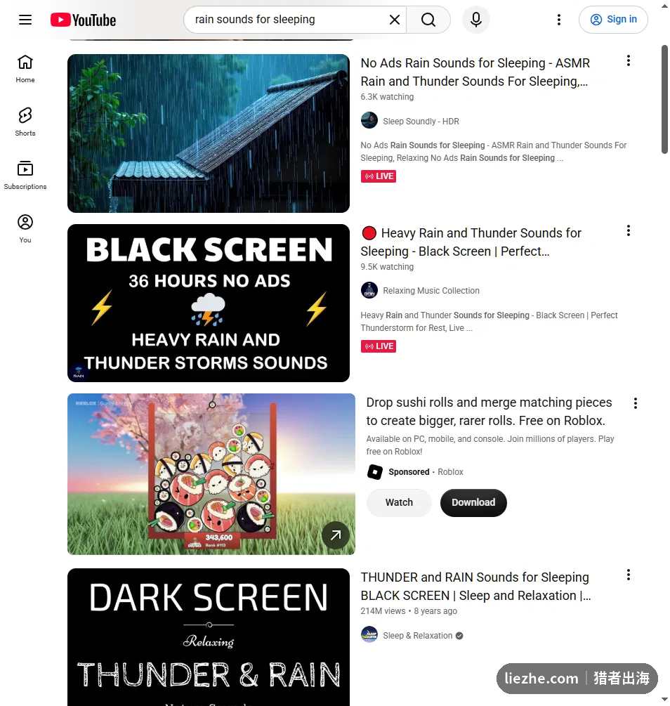 YouTube助眠雨声类无出镜频道的搜索结果，展示长时间循环内容和直播在线人数