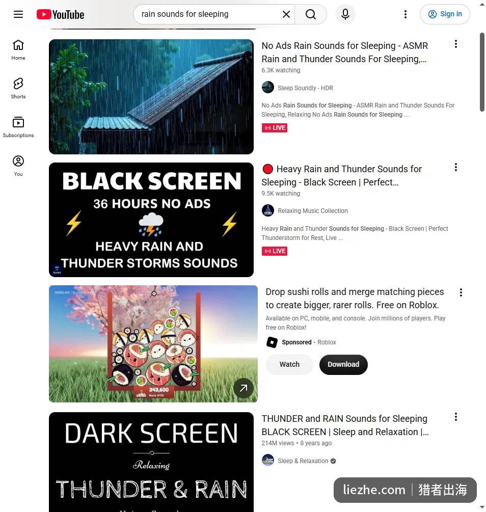 YouTube雨声助眠类faceless频道搜索结果:直播在线人数与播放量