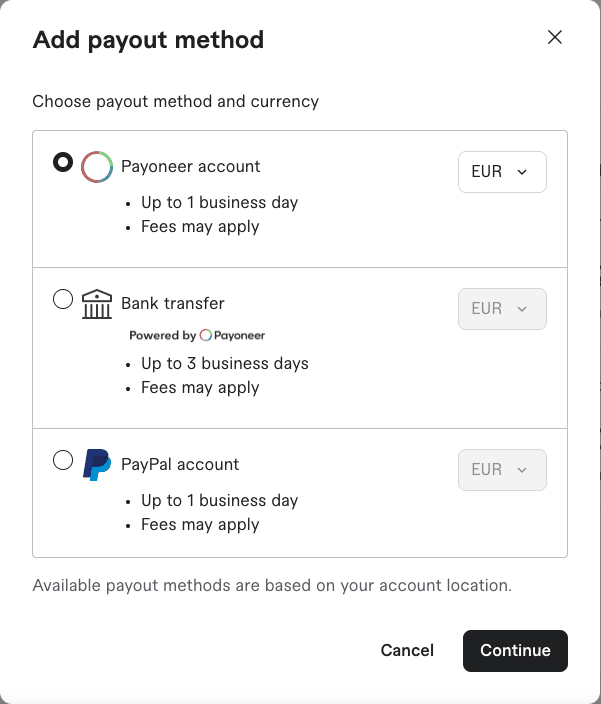 Fiverr添加提现方式弹窗，可选Payoneer账户、银行转账和PayPal