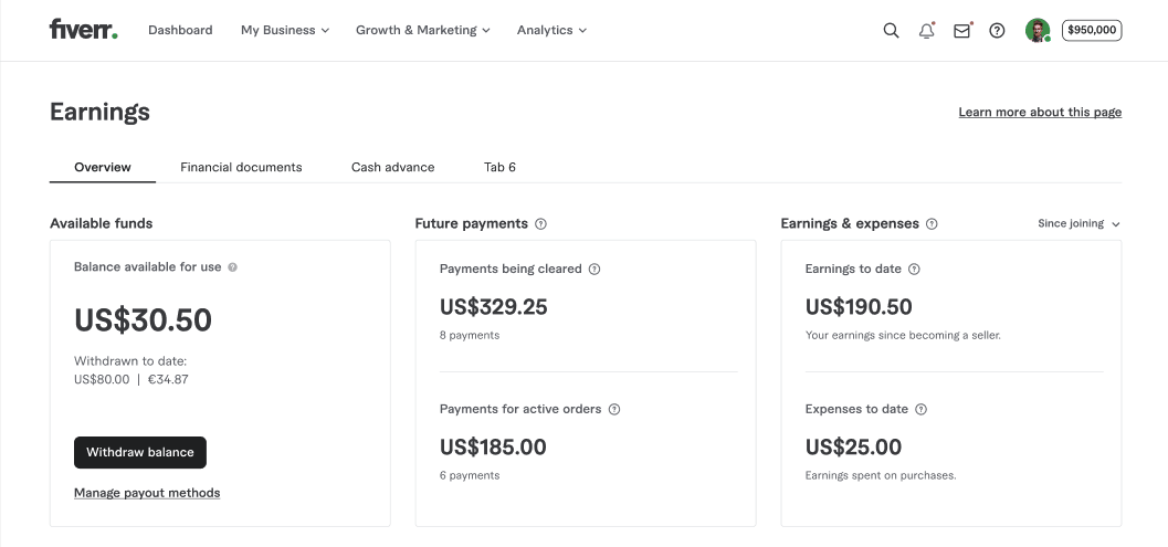 Fiverr卖家后台Earnings页，可提现余额下有Withdraw balance提现按钮