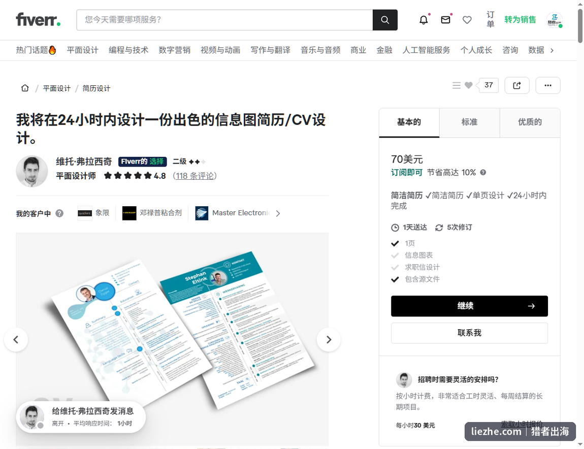 Fiverr上一个信息图简历设计gig页面的价格与交付条件