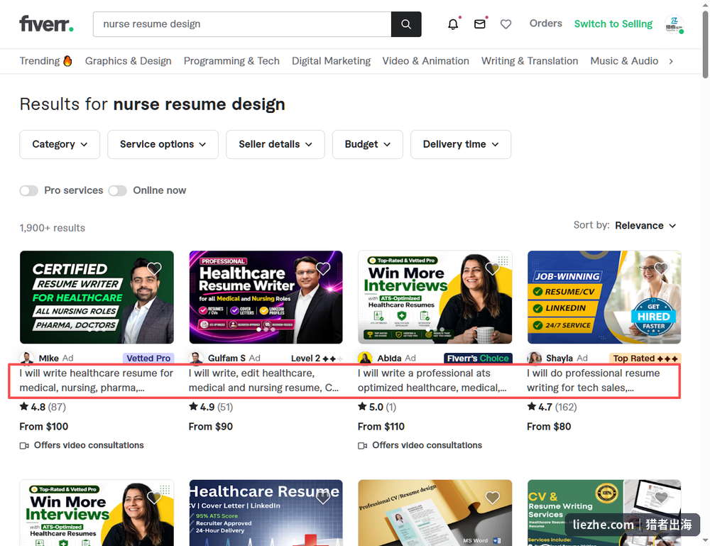 Fiverr搜索nurse resume design细分词的结果与定价