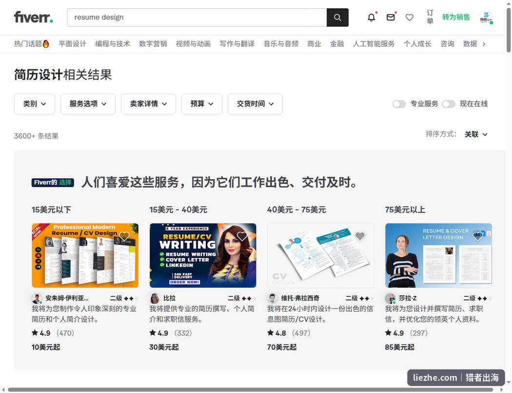 Fiverr搜索resume design简历设计的结果页和价格分档