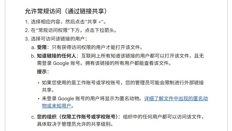 Google云端硬盘帮助页,常规访问权限下拉的受限、知道链接的任何人、您的组织三个选项的说明