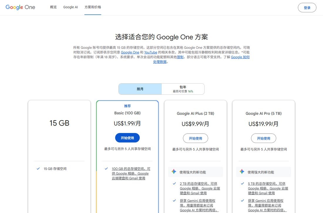 Google One官网价格页,15GB免费档和Basic 100GB每月1.99美元、Google AI Plus 2TB每月9.99美元、Google AI Pro 5TB每月19.99美元