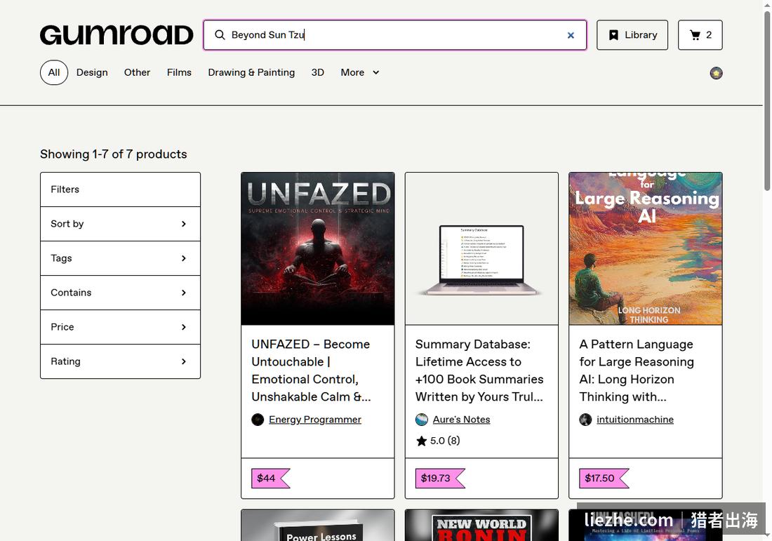 Gumroad搜索Beyond Sun Tzu仅有七个不相关产品