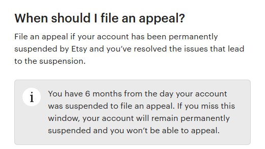Etsy永久封店申诉页:从账号被封那天起有6个月提交申诉,错过则不能再申诉