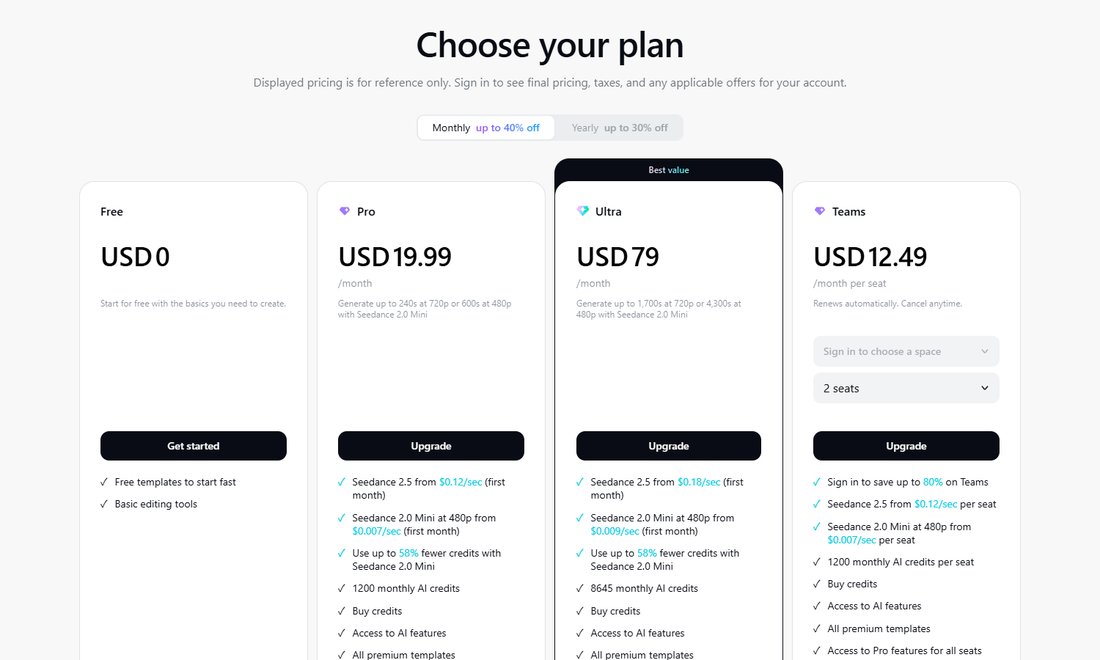 CapCut官网价格页:Free、Pro、Ultra、Teams四档月付价格和权益