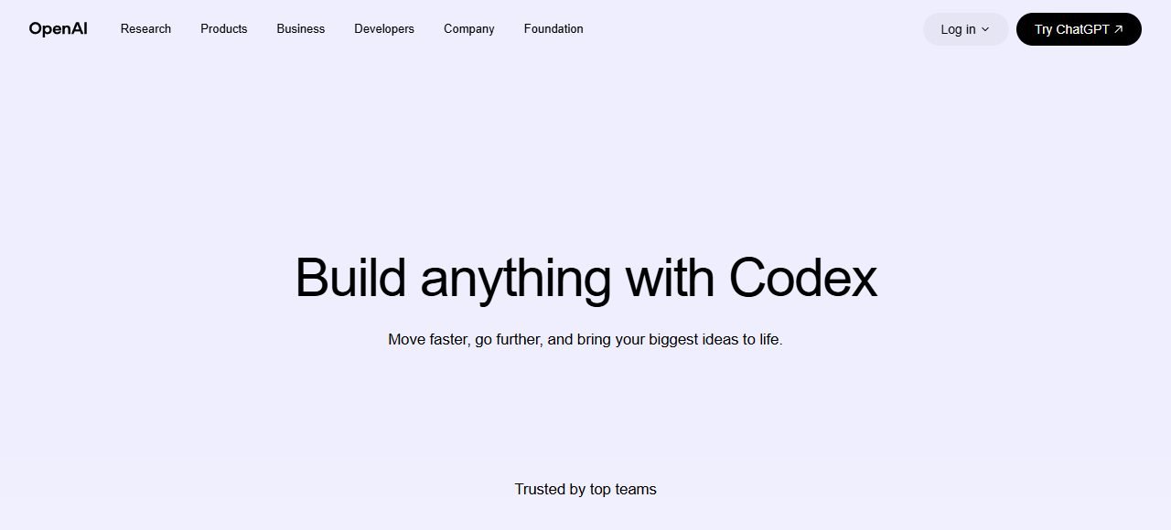 OpenAI官网Codex页首屏:大标题Build anything with Codex,副标题Move faster, go further, and bring your biggest ideas to life