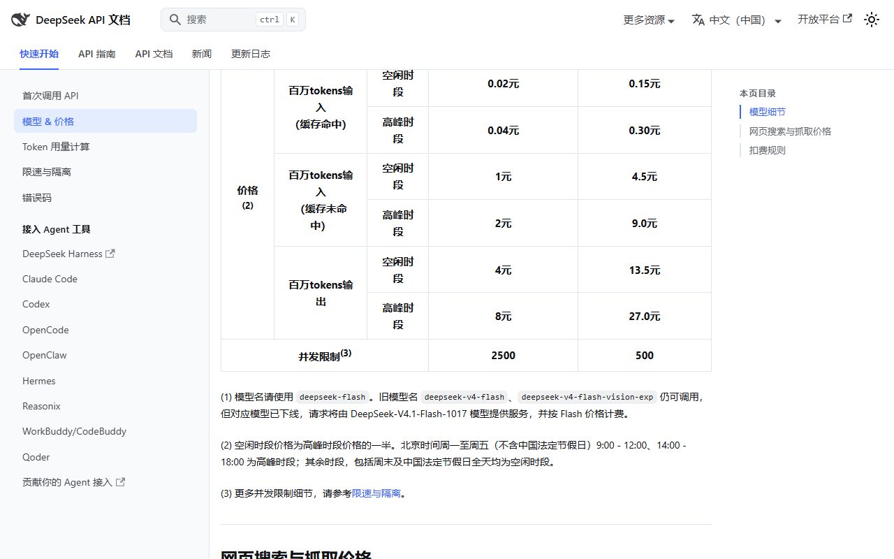 DeepSeek API模型与价格页价格表:deepseek-flash和deepseek-v4-pro在空闲和高峰时段的缓存命中输入价、缓存未命中输入价和输出价,下方并发限制2500和500