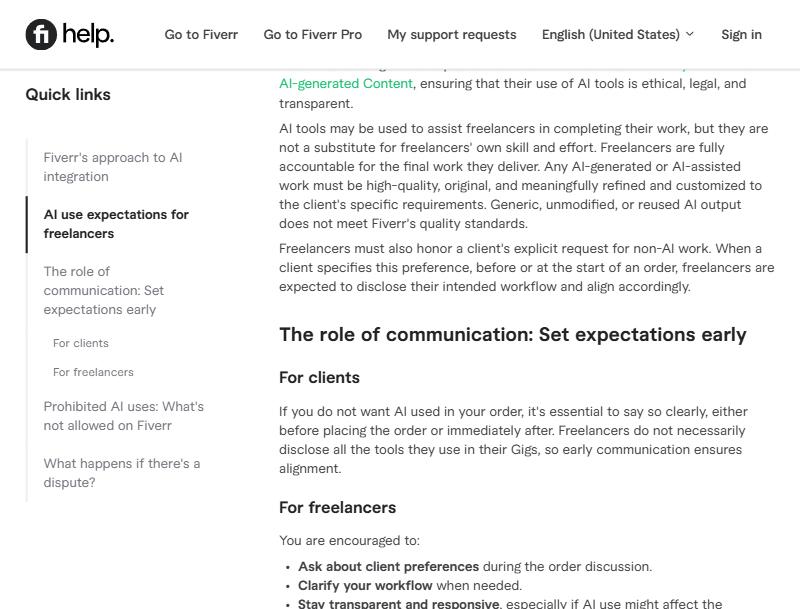 Fiverr帮助中心Using AI on Fiverr:AI可以辅助但不能替代卖家自己的技能,卖家对最终交付负全责