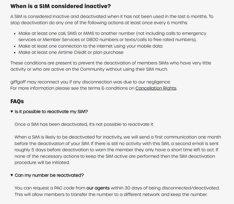 giffgaff帮助中心Understanding why your number has been deactivated页:6个月未使用即停用,三种保号动作,停用后不能恢复,30天内可向客服要PAC
