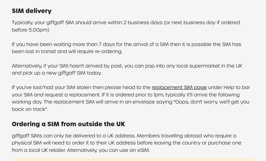giffgaff帮助中心Ordering a SIM页:SIM通常2个工作日内送到,Ordering a SIM from outside the UK一节写明SIM只能送到英国地址,要出国用实体卡可以用eSIM