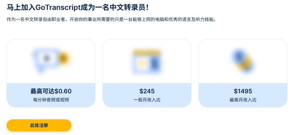 GoTranscript官网中文页:最高每分钟0.60美金、一般月收入245美金、最高月收入1495美金