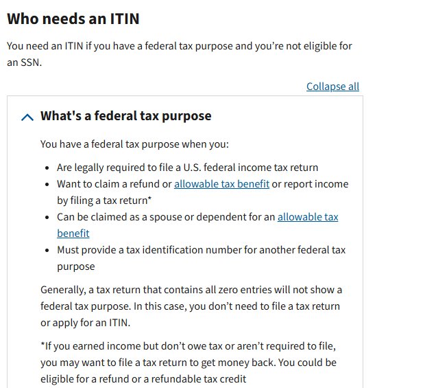 IRS官网ITIN页面谁需要ITIN,展开的联邦税务用途四种情形