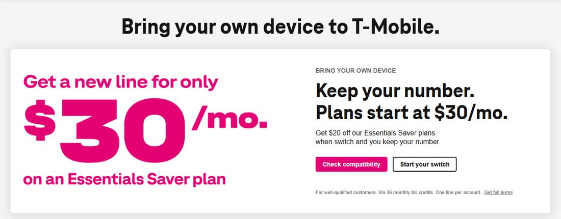 T-Mobile自带设备页:Essentials Saver套餐每月30美元起,保留原号码,36个月账单抵扣