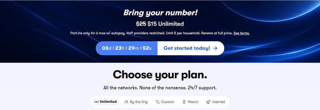 US Mobile计划页:带号转入15美元无限套餐,6个月、AutoPay、VoIP服务商受限、每户限5条