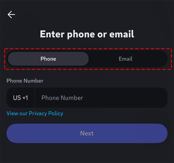 Discord手机端注册页Enter phone or email:Phone和Email两个页签,红框标出可以选手机号或邮箱